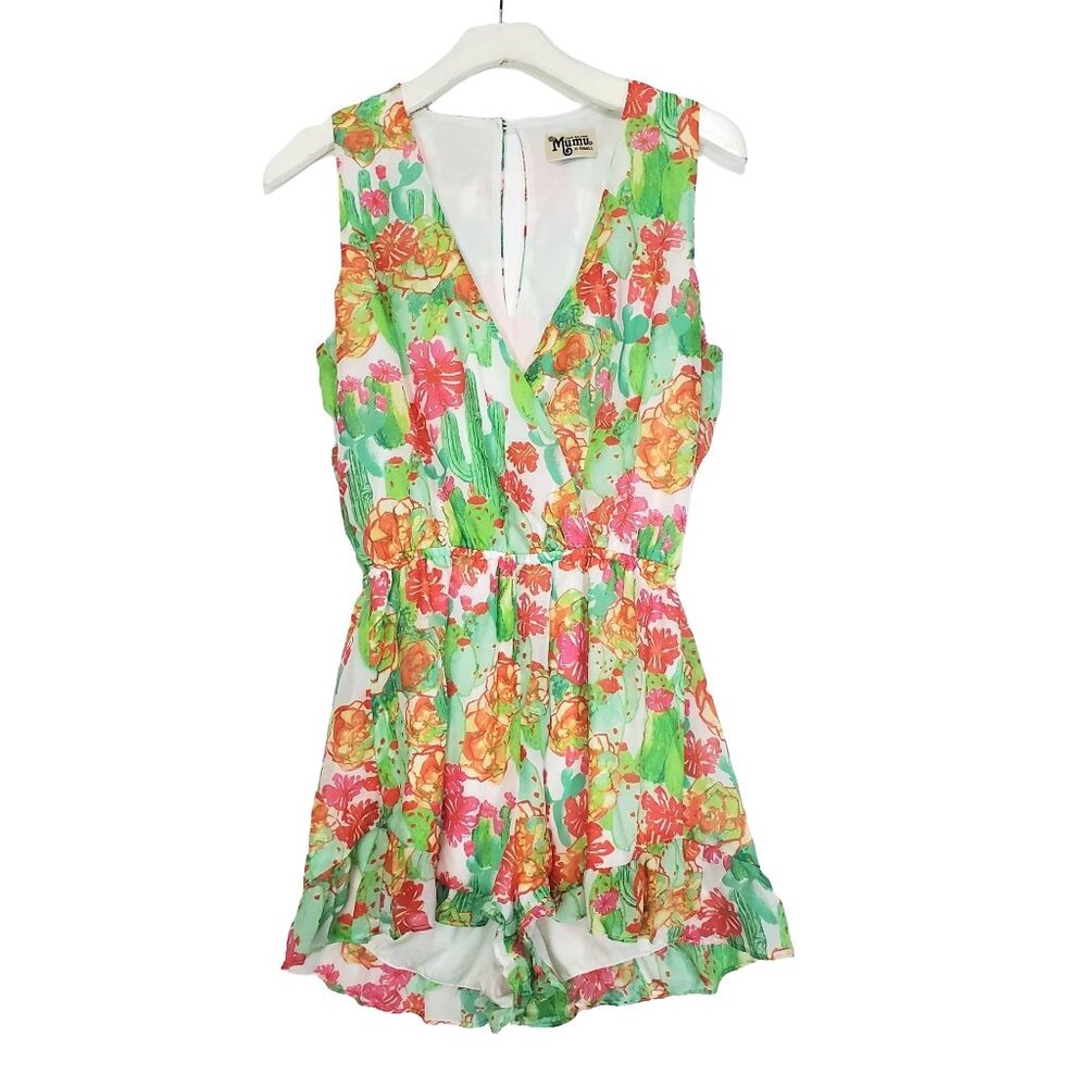 SHOW ME YOUR MUMU Womens Romper XS Ellie Shorts Floral Cactus Faux Wrap Green